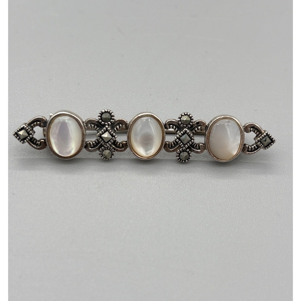 Vintage Pin Brooch Sterling Silver Mother of Pearl & Marcasites Accent 2"
